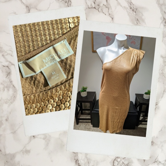 Michael Kors ▪ Gold Sequin One-Shoulder Dress - Picture 1 of 8